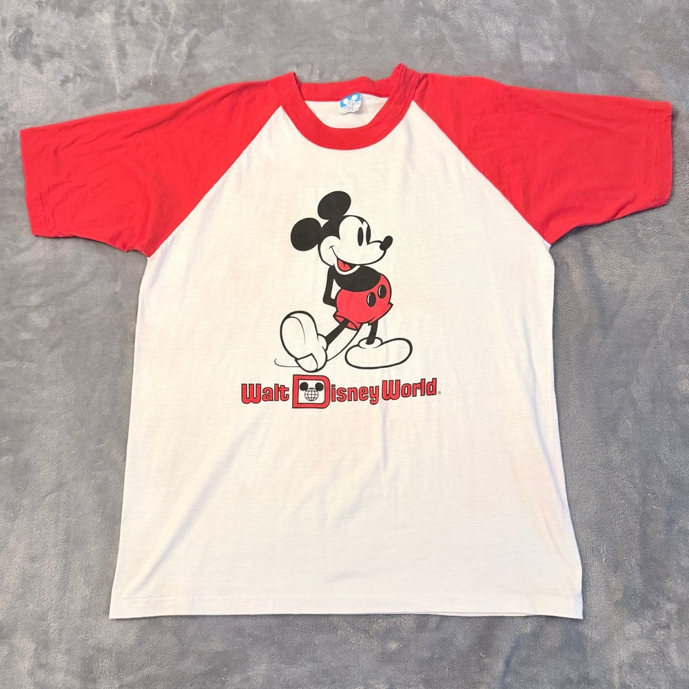 Vintage 80s Size L Disney World Mickey Mouse T-Shirt Red White Single Stitch